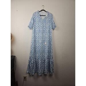 NWT BoHo Sky Blue Summer Maxi Dress Graphic Print Short Sleeves